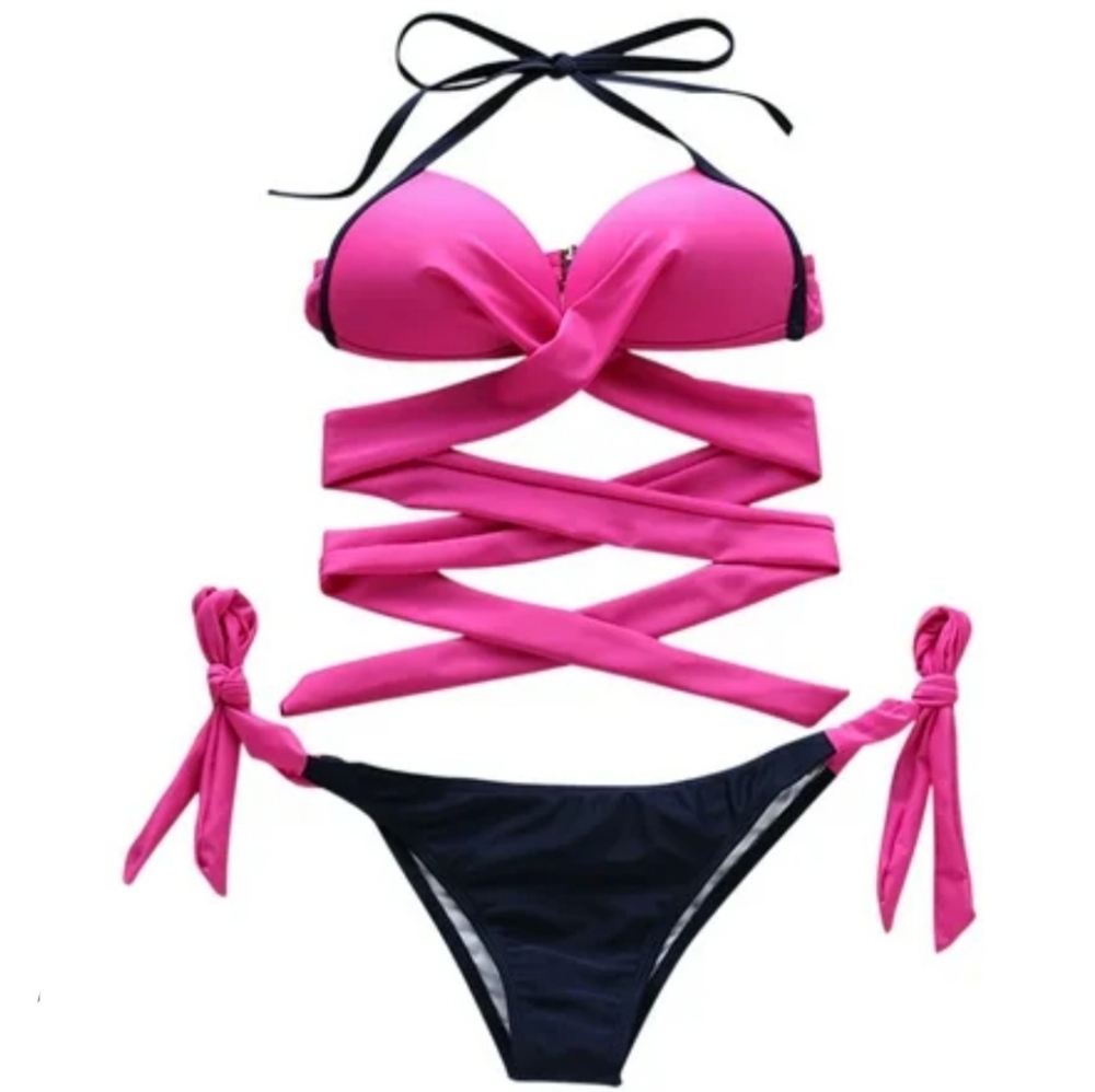 2 Piece Sexy Fushia Bikini Push Up Bra Wrap Top, Hip Tie Bottoms. Beach Swimsuit